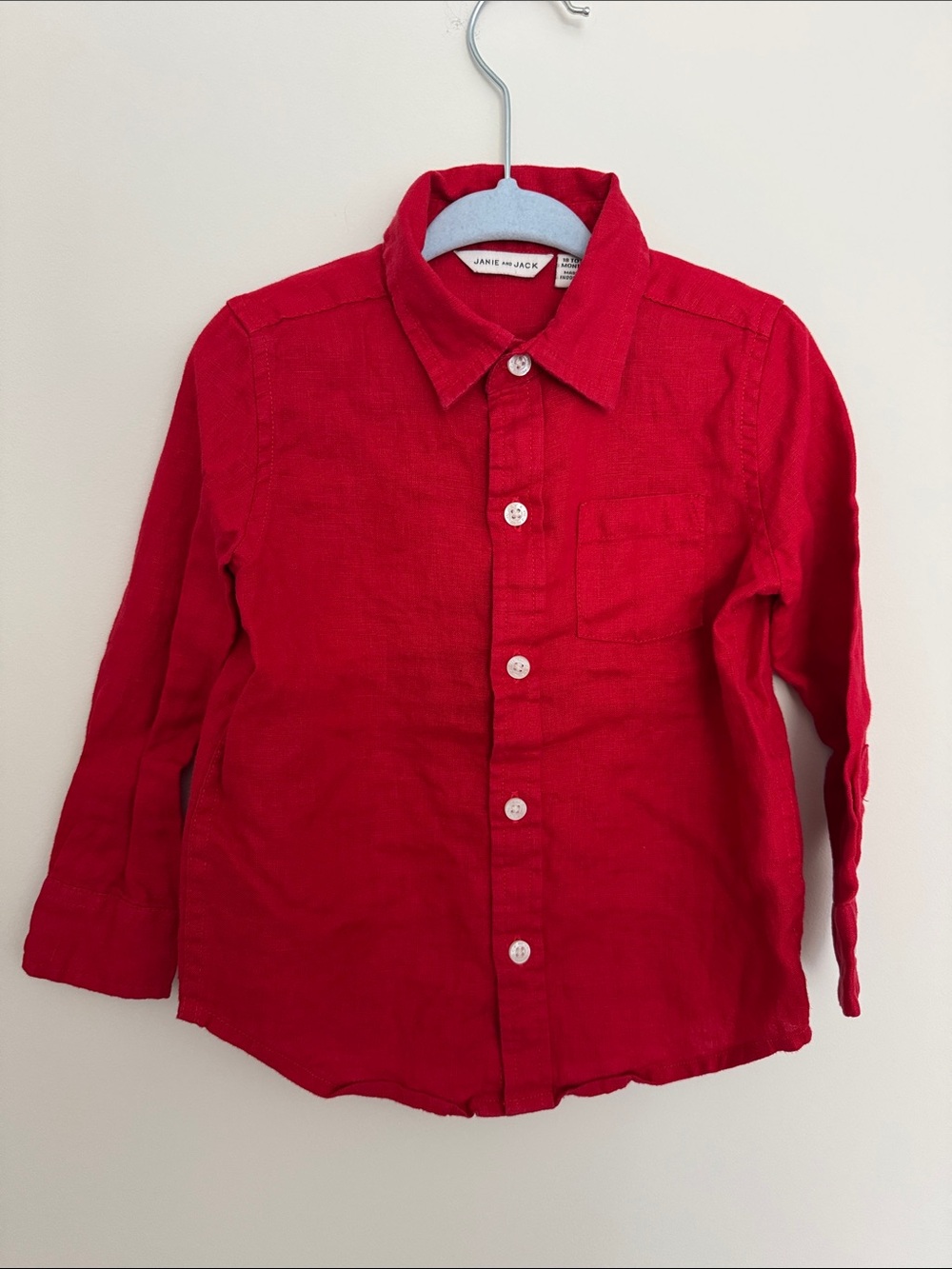 Janie and Jack Red Long-Sleeve Button-Down 100% Linen Shirt 18-24 mo